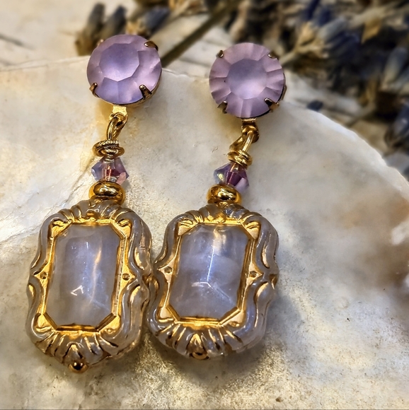 Victorian Lavender Opalite Milky & Swarovski Matte Lavender Crystal Earrings - Picture 2 of 6